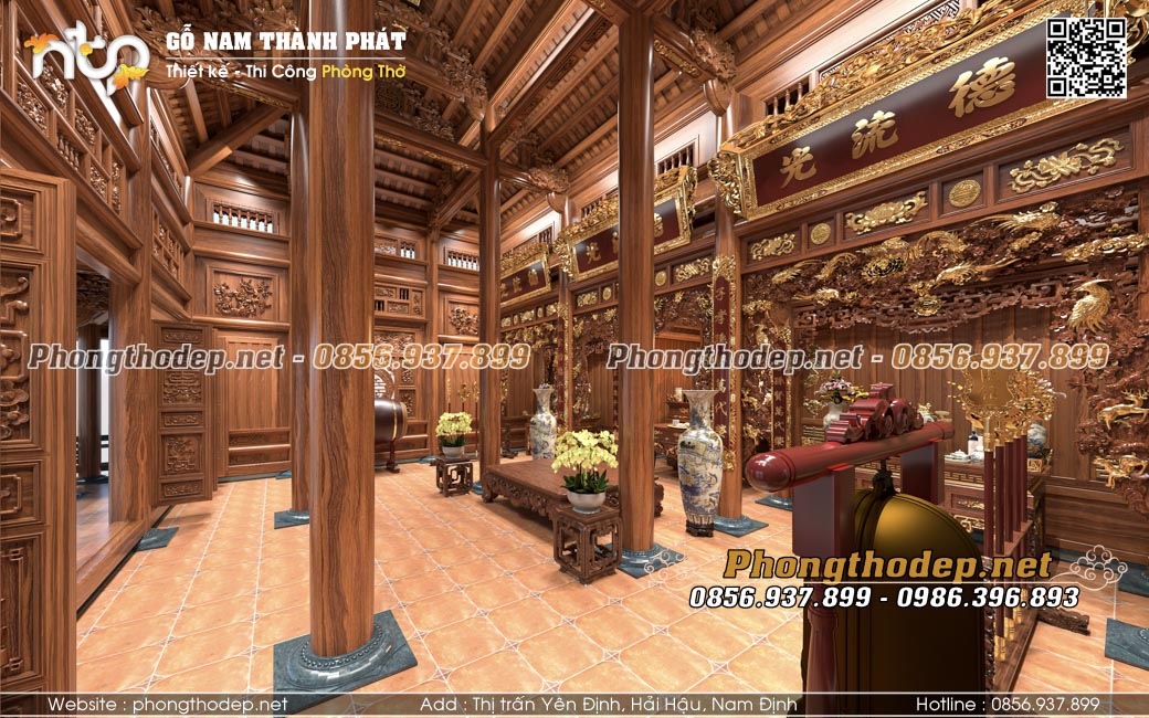 Phối cảnh nhà gỗ 3 gian nhìn từ vách thuận